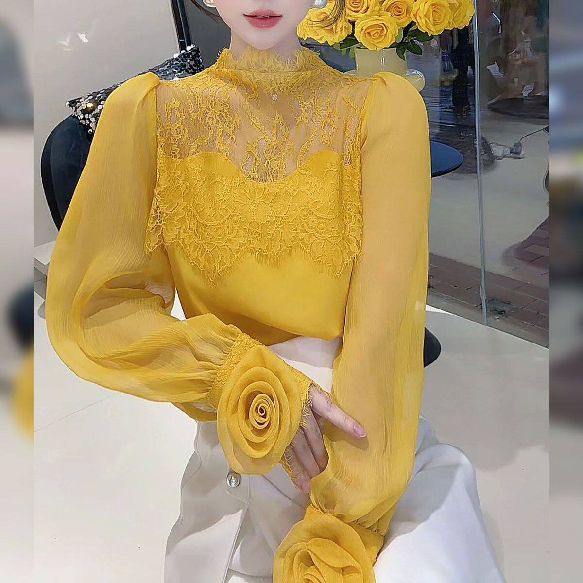 时尚蕾丝拼接雪纺绣花打底衫法式小衫女气质上衣衬衣洋气衬衫高档