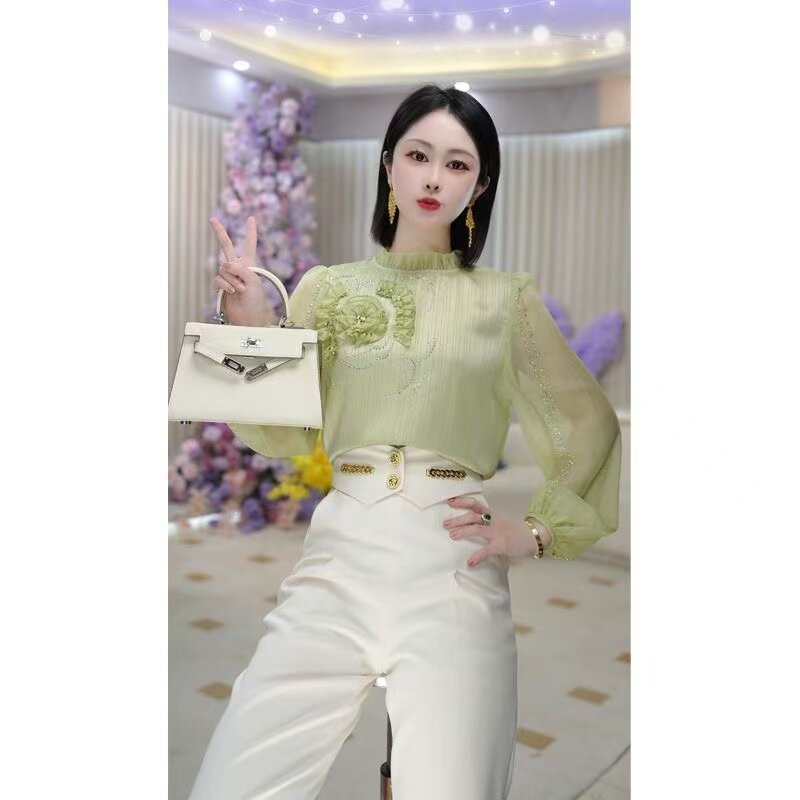 2026秋冬新款果绿色立体花朵烫钻雪纺衬衫女法式气质衬衣精致上衣
