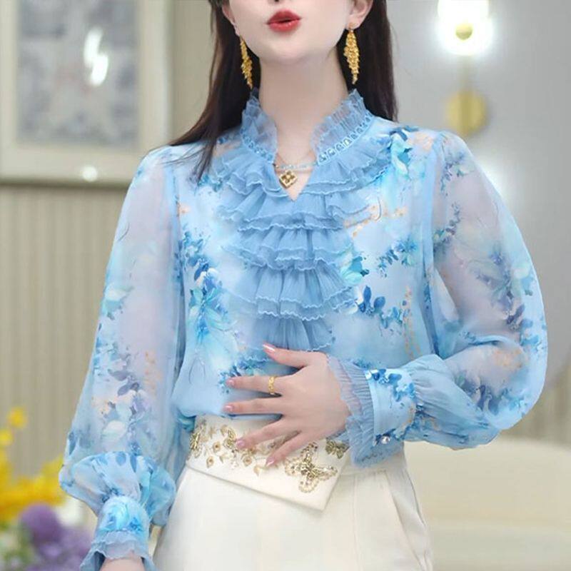 中老年人女碎花衬衫蝴蝶结领蓝色衬衣妈妈宽松T恤小衫打底衫春夏