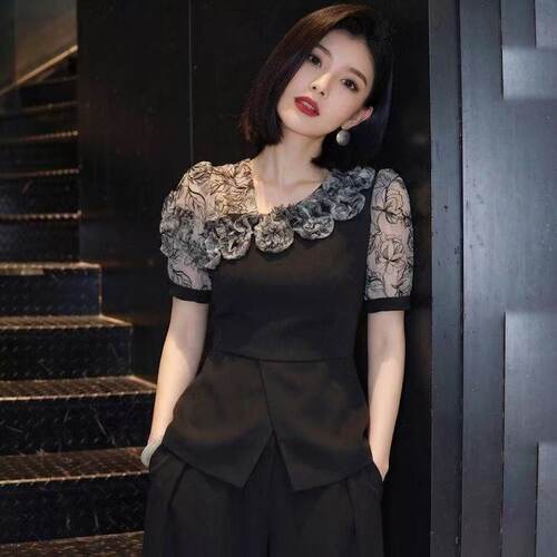 2026夏季新款黑色短袖衬衫女轻奢衬衣高级感立体花朵优雅气质上衣