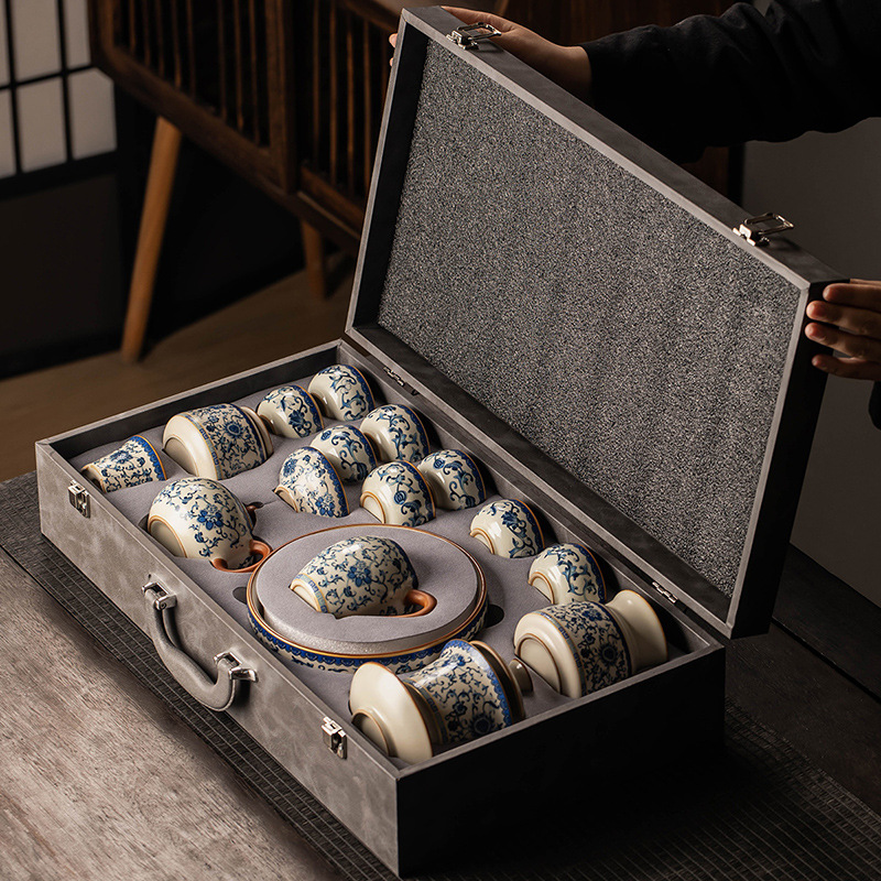 青花黄汝窑茶具套装家用轻奢高档陶瓷泡茶壶功夫茶杯整套伴手礼