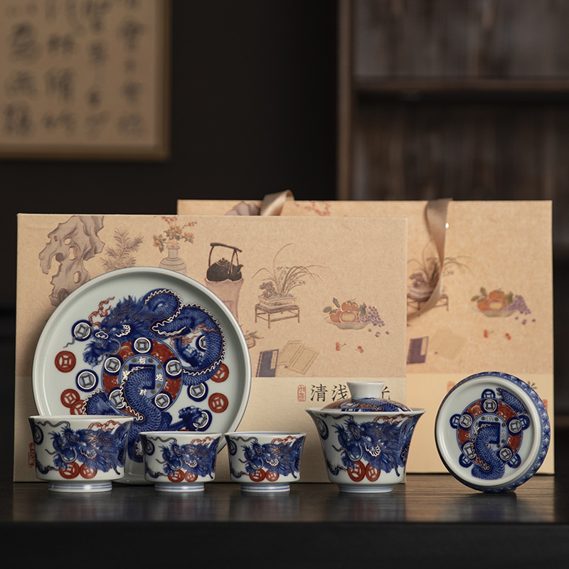 景德镇青花釉下彩功夫茶具套装家用盖碗茶杯壶承小套装高档伴手