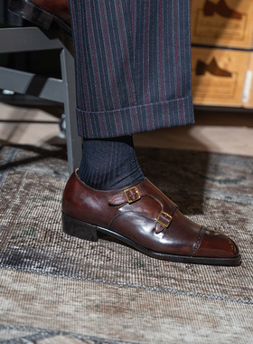 Oct Tenth手工固特异Monk孟克皮鞋 手缝沿条结构棕擦色双扣僧侣鞋