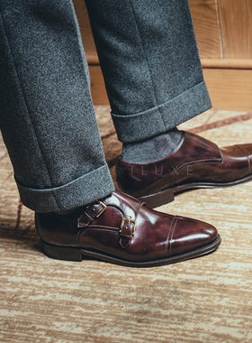 意大利Enzo Bonafe手缝沿条工艺皮鞋 头层小牛皮擦色Monk孟克男鞋