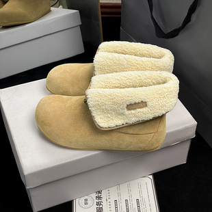 真皮翻领两穿加绒保暖雪地靴短靴棉鞋羊羔毛毛鞋勃肯鞋面包鞋女鞋