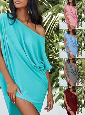 女纯色斜领露肩短袖不规则连衣裙Women sexy one shoulder dress