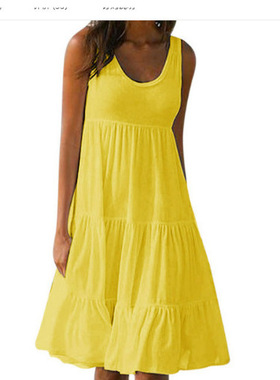 夏新款时尚Wish亚马逊速卖通欧美女装色码无袖圆领拼接大摆沙滩裙