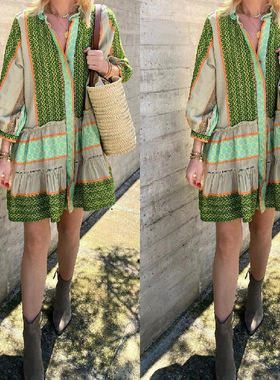 跨境独立站亚马逊2024新款春秋印花定位棉麻七分袖短裙连衣裙女