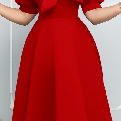 Temperament long dress 短袖系带蝴蝶结蓬蓬宴会礼服欧美连衣裙