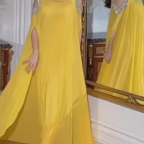 Chiffon evening gown中东气质性感披风珠片雪纺宴会晚礼服