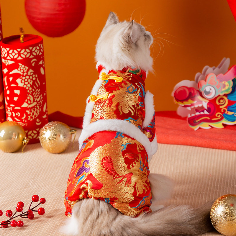 新款宠物唐装祥云金龙秋冬季猫咪衣服成幼猫狗狗新年四脚棉衣