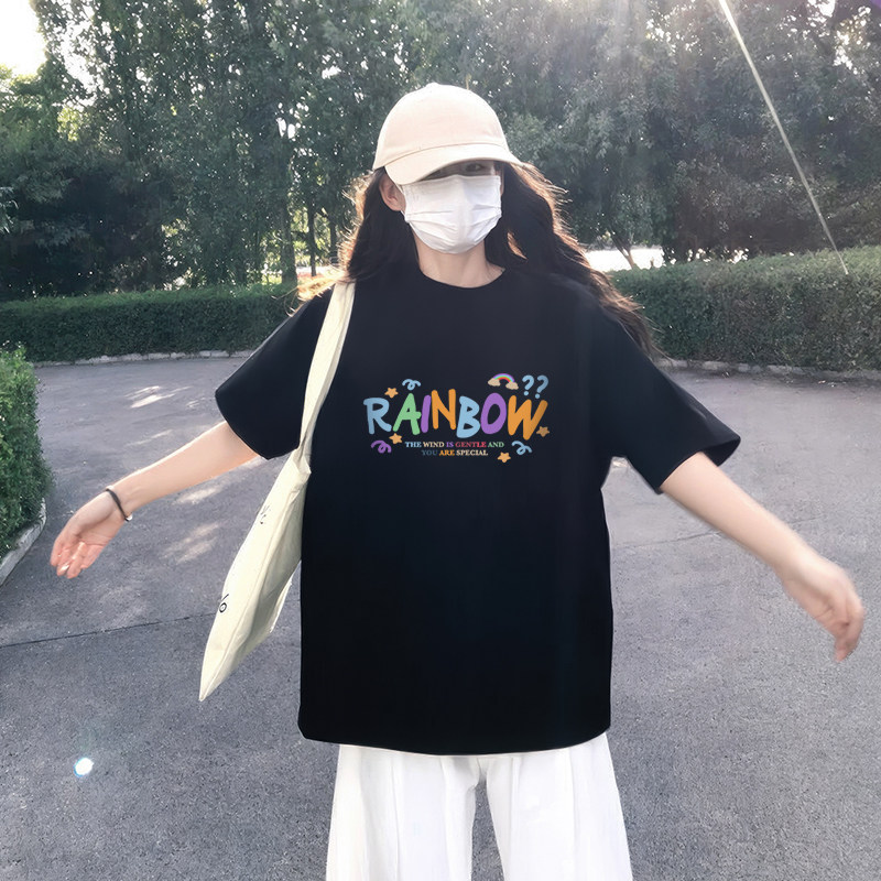 韩系设计感小众短袖T恤夏季纯棉宽松黑色显瘦超大码胖mm半袖上衣