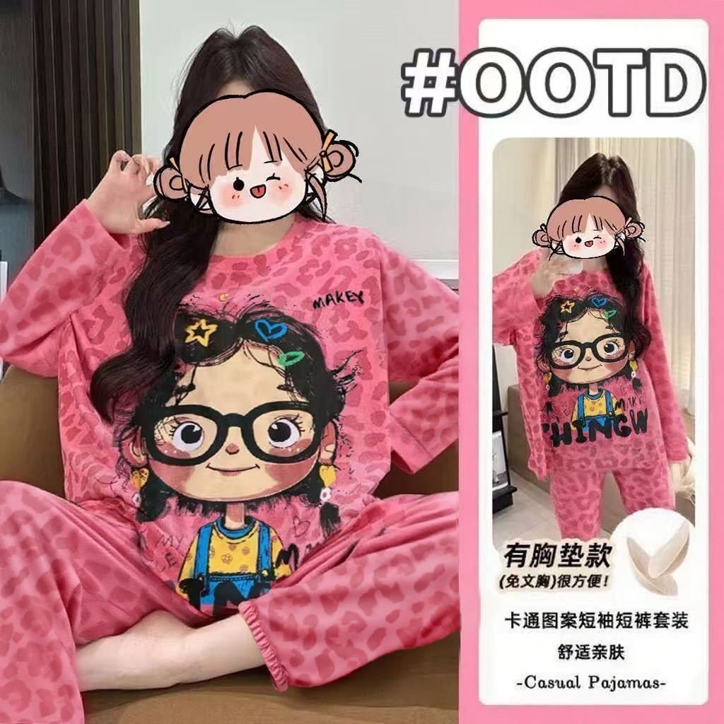 夜丽人带胸垫2026新款春秋季长袖长裤卡通卷发女孩家居睡衣两件套