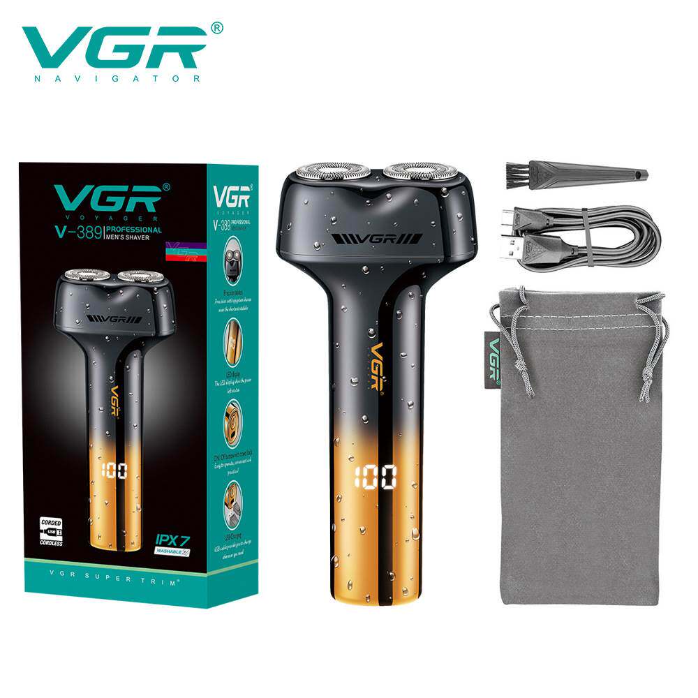 VGR389跨境新款男士双刀网剃须刀IPX7水洗电动数显充电式刮胡刀
