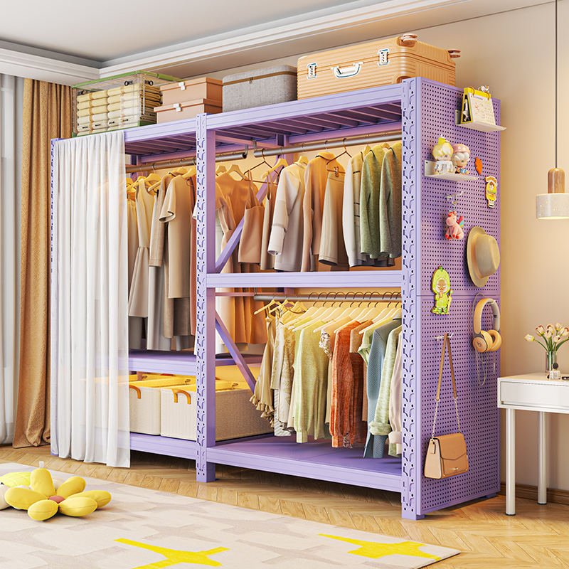 货架式衣柜家用卧室带帘简易组装金属衣帽架2025新款洞洞板挂衣架