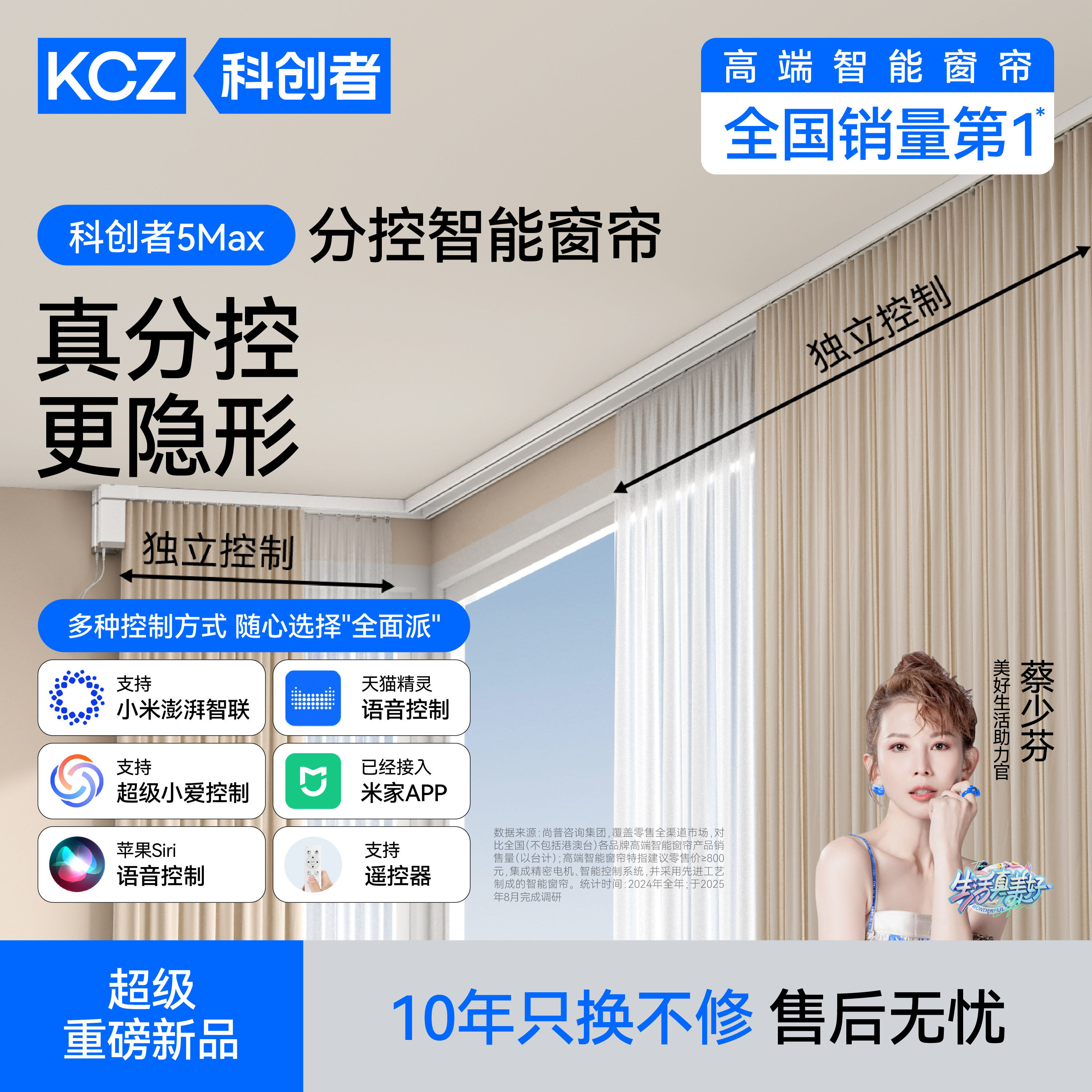 科创者5Max左右独立分控电动窗帘轨道智能全自动蓝已接入米家APP