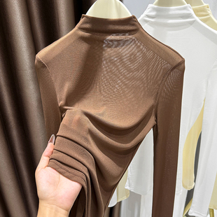 叠穿内搭薄纱衣T恤修身 秋冬新款 上1219e 女长袖 高领高端网纱打底衫