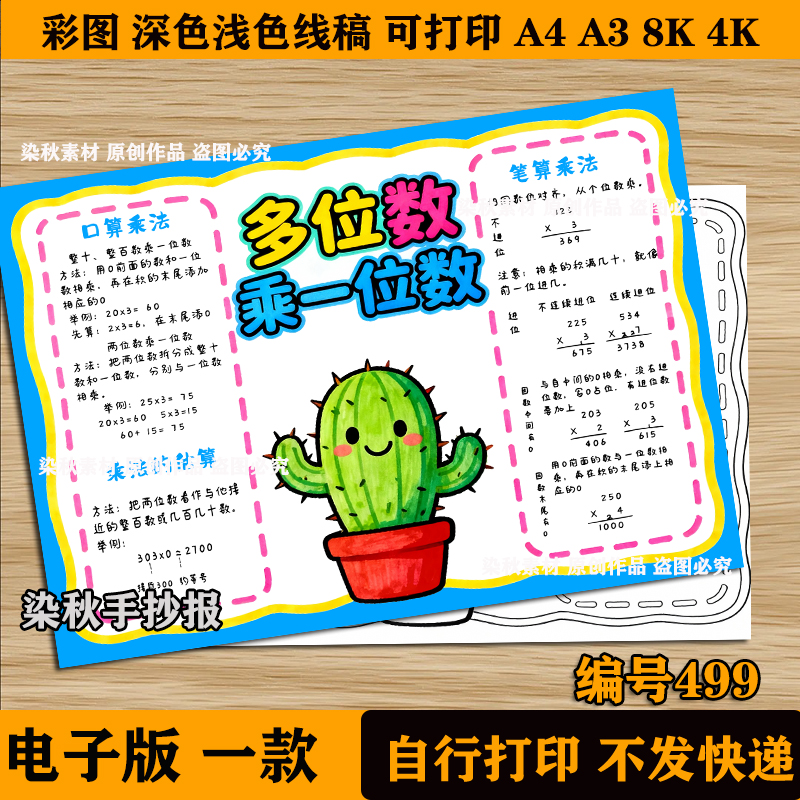 多位数乘一位数手抄报模版小学生数学三年级上思维导图电子版线稿