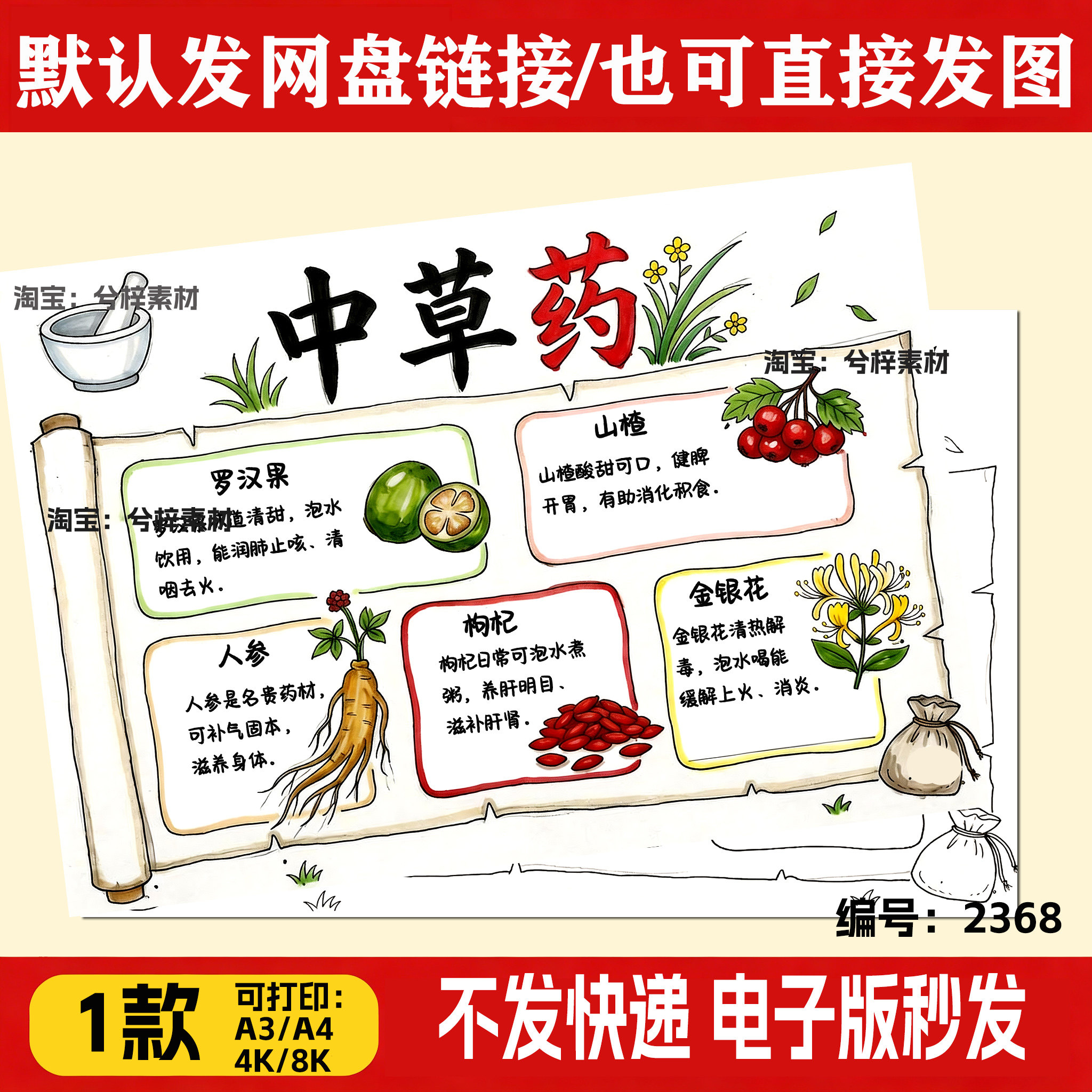 中国中草药介绍绘画神奇的中药特点展示主题画小报手抄报线稿涂色