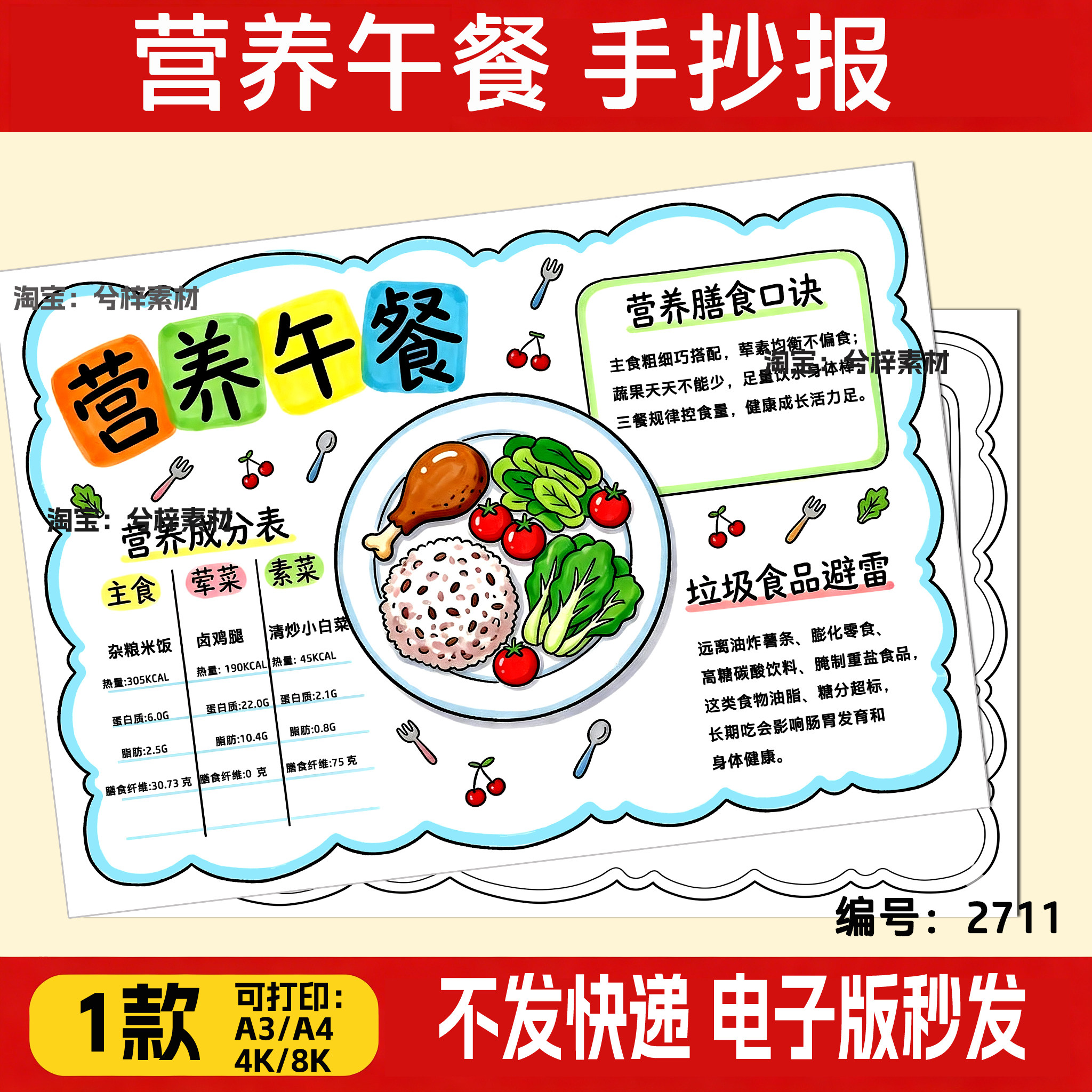 营养午餐手抄报模板四年级数学合理搭配膳食营养均衡小报线稿a3a4