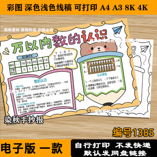 万以内数的认识思维导图手抄报二年级下册数学小报涂色电子版线稿