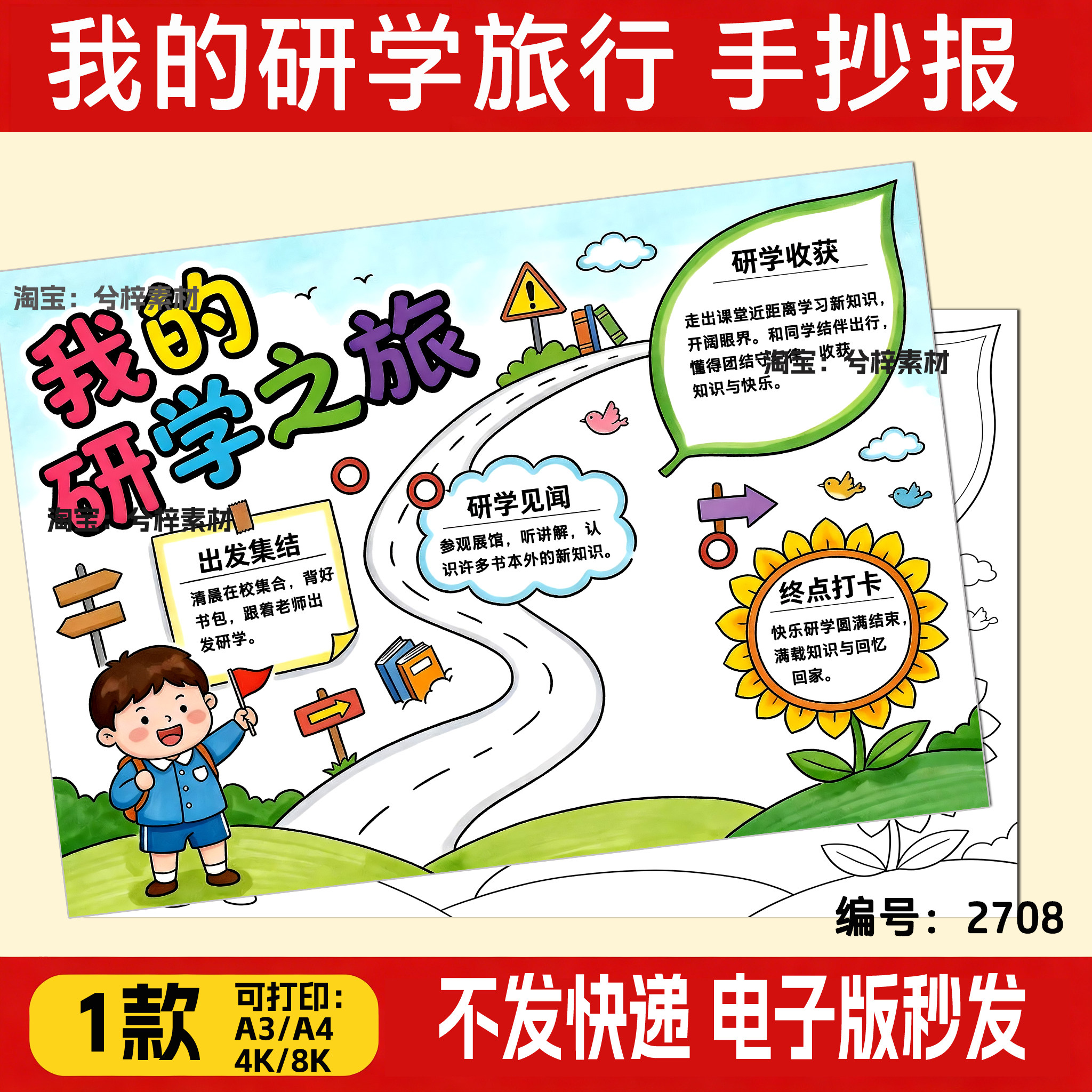 我的研学之旅手抄报模板电子版小学生可贴相片快乐旅游红色之旅