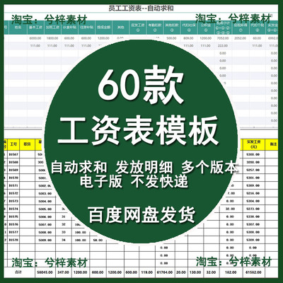 员工工资表Excel模板企业职工厂薪酬发放明细自动求和表格电子版