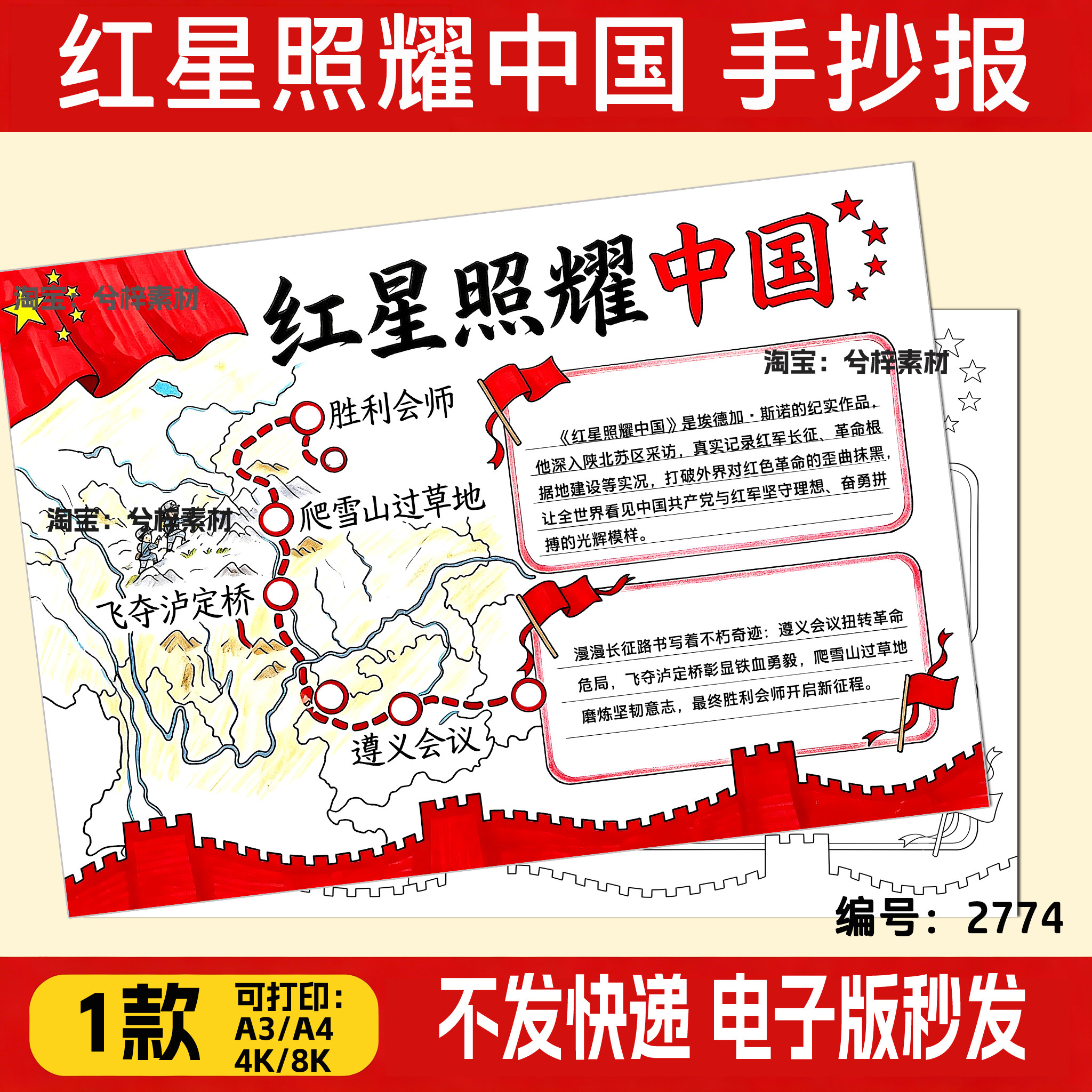 红星照耀中国红色传承英雄人物观影读后感绘画手抄报黑白线稿模板