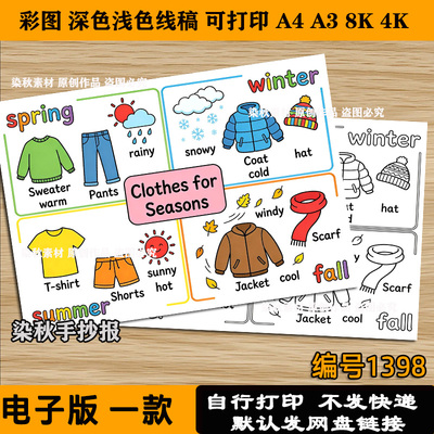 clothes for seasons英语思维导图手抄报小学生四季衣服模板线稿