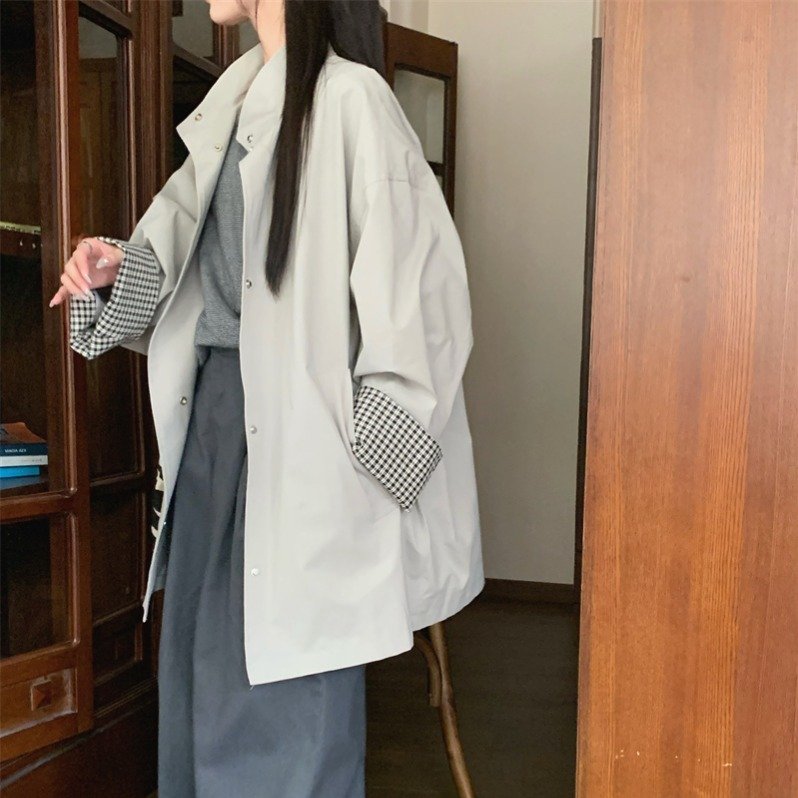 现货实拍 韩系撞色格子翻边袖中长款风衣外套+碳灰色洗水休闲裤