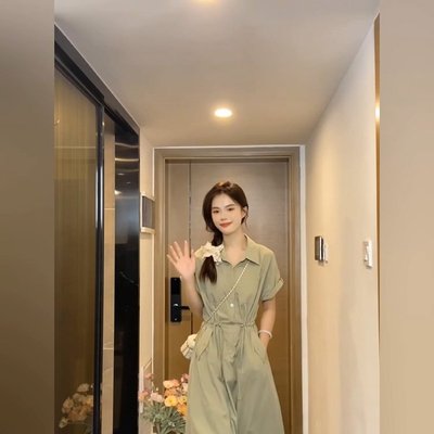 韩系简单大方绿色衬衫连衣裙女夏季休闲收腰显瘦气质松弛感长裙子