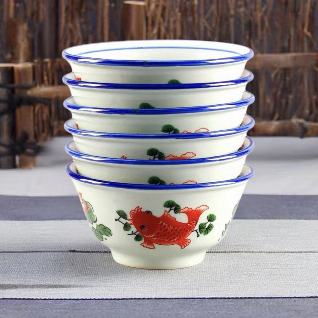 复古高温青瓷釉下彩年年有鱼家用葵斗碗红色鲤鱼加厚防烫陶瓷饭碗