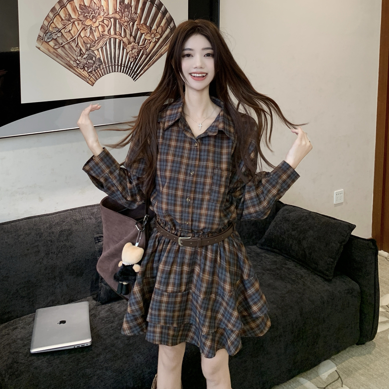 实拍~秋冬复古格子长袖Polo领单排扣衬衫大码连衣裙+针织披肩套装