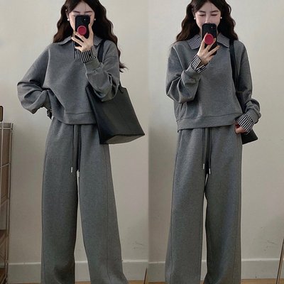 实拍~胖mm韩系chic灰色休闲运动套装时尚卫衣阔腿裤长裤两件套