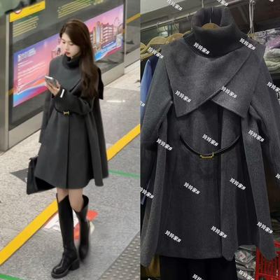 現货～小巴黎冬季可拆卸斗篷毛呢大衣中长款修身显瘦时髦两件套