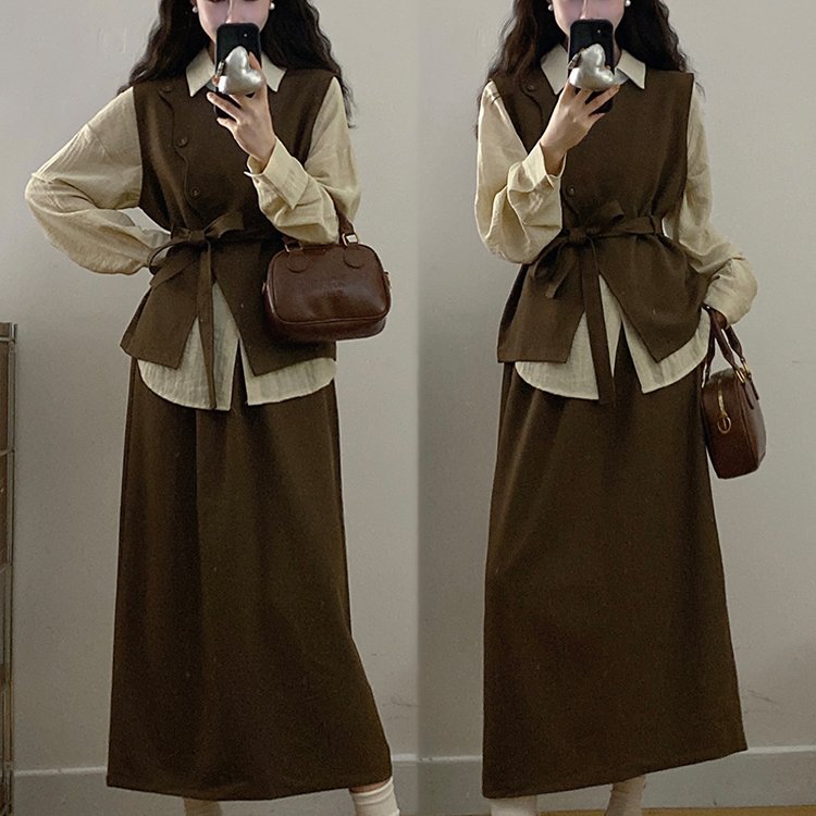 实拍~大码女装秋季高级感穿搭显瘦抽绳收腰马甲衬衫半身裙三件套