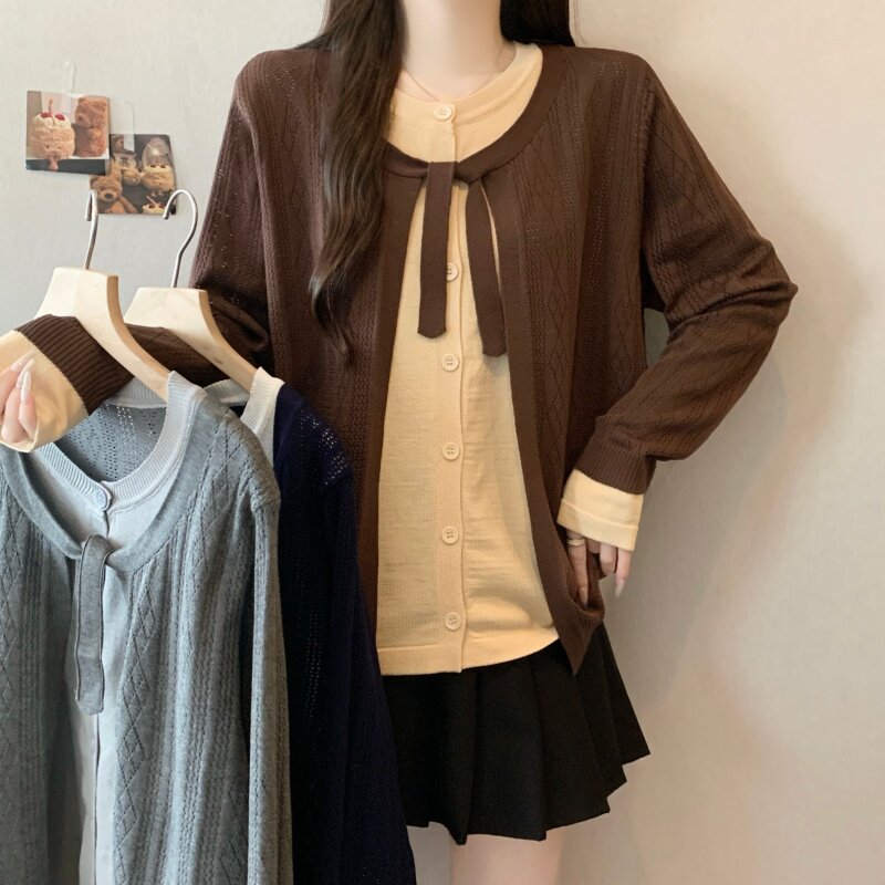 实拍～假两件蝴蝶结长袖针织开衫女胖mm气质减龄毛衣外套上衣