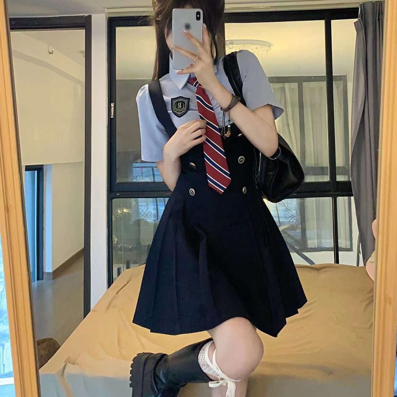 实拍 江原女高jk制服学院风显瘦收腰短袖长衬衫绀色连衣裙套装