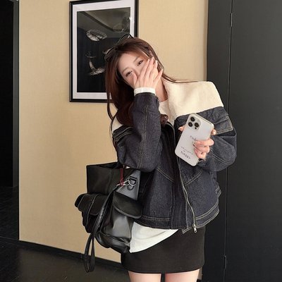 实拍实价 羊羔毛娃娃领牛仔外套冬季美式炸街小个子短款加厚棉服