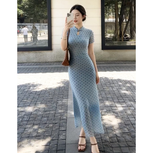 复古波点改良旗袍蓝色收腰长裙 2026新款 新中式 国风连衣裙子女夏季