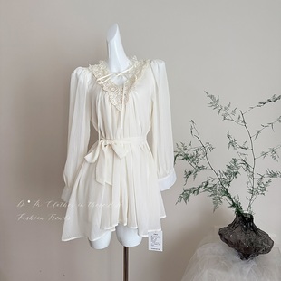 立体蕾丝刺绣V领系带连衣裙含内搭吊带两件套 12FairyJiang