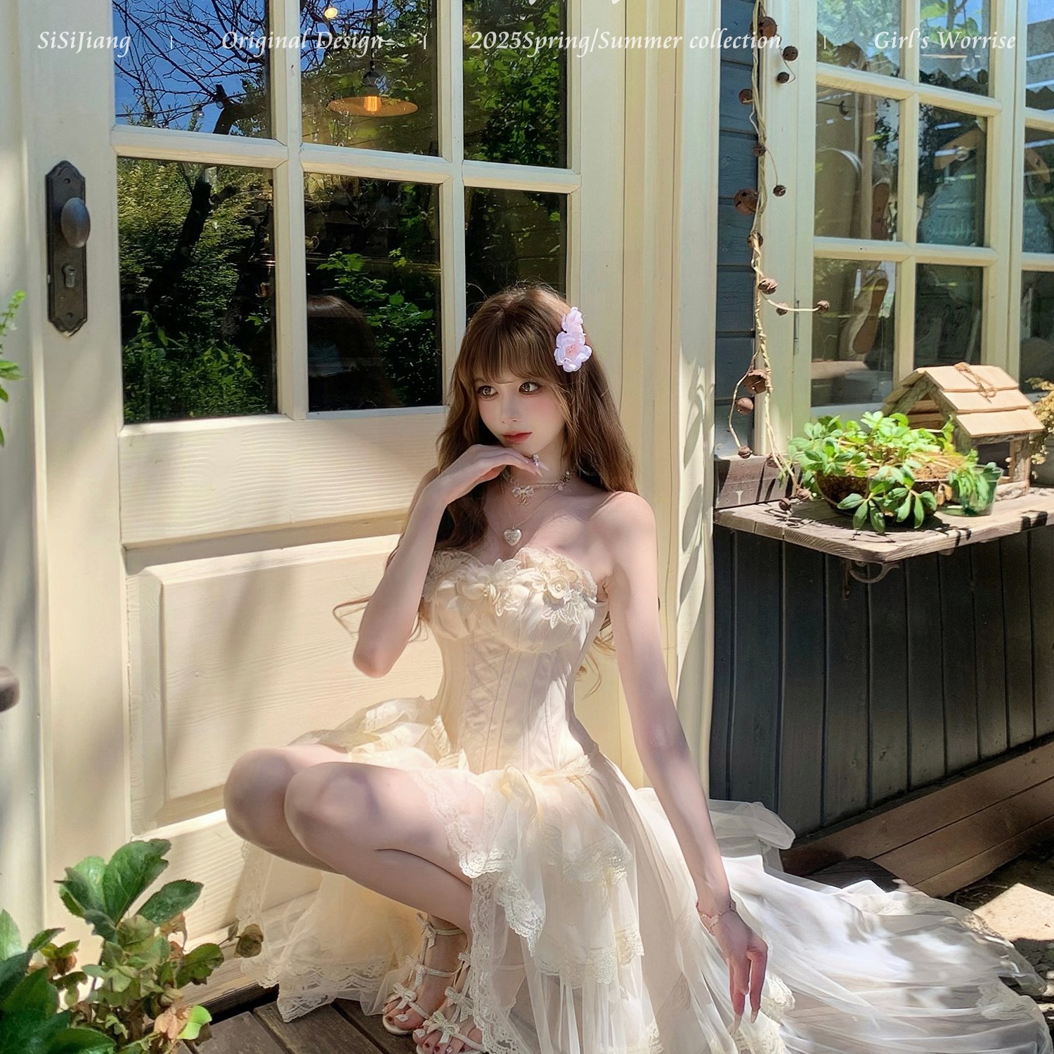 SISI JIANG“西洋茶会”复古浪漫修身鱼骨上衣花边网纱收腰半裙