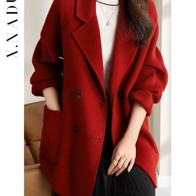 2025秋冬款红色双面绒毛呢大衣女中长气质高端减龄小个子毛呢外套
