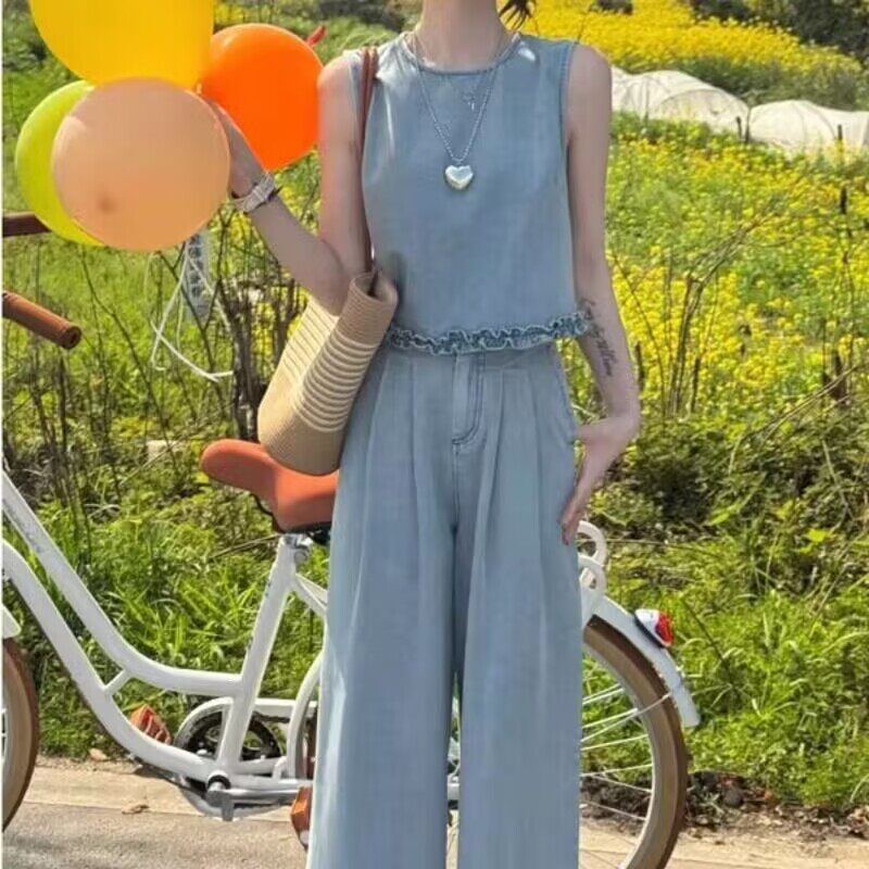 2025夏韩版时尚气质显瘦牛仔套装韩系花边背心打底阔腿裤潮