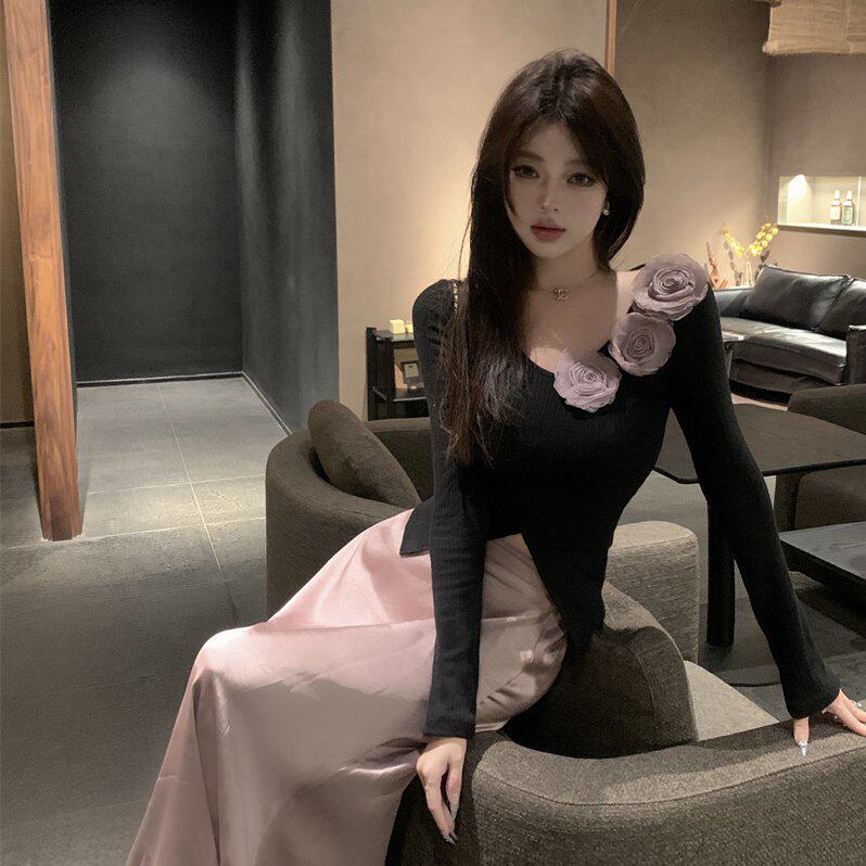 实拍实价 重工玫瑰花V领上衣显瘦气质缎面半身裙套装