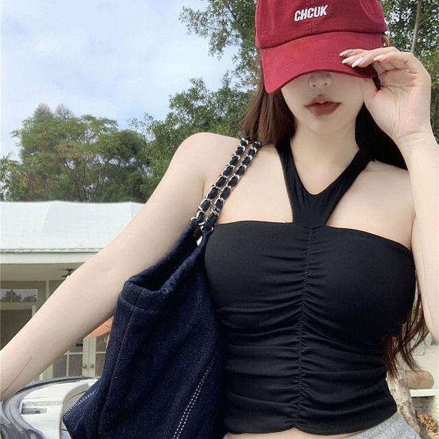 纯欲挂脖显瘦背心女外穿性感辣妹褶皱露肩内搭带胸垫美背裹胸内衣