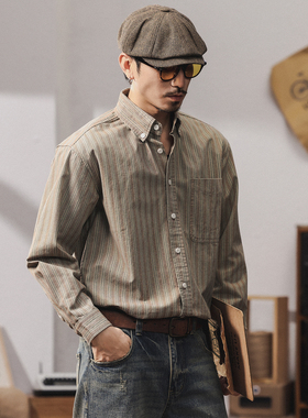 高级感英伦雅痞男装复古衬衫男长袖宽松痞帅轻奢纯棉休闲条纹衬衣