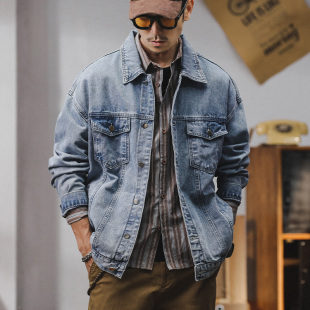 男装 美式 宽松大码 浅蓝色牛仔衣男外套春秋款 上衣高级休闲夹克 经典