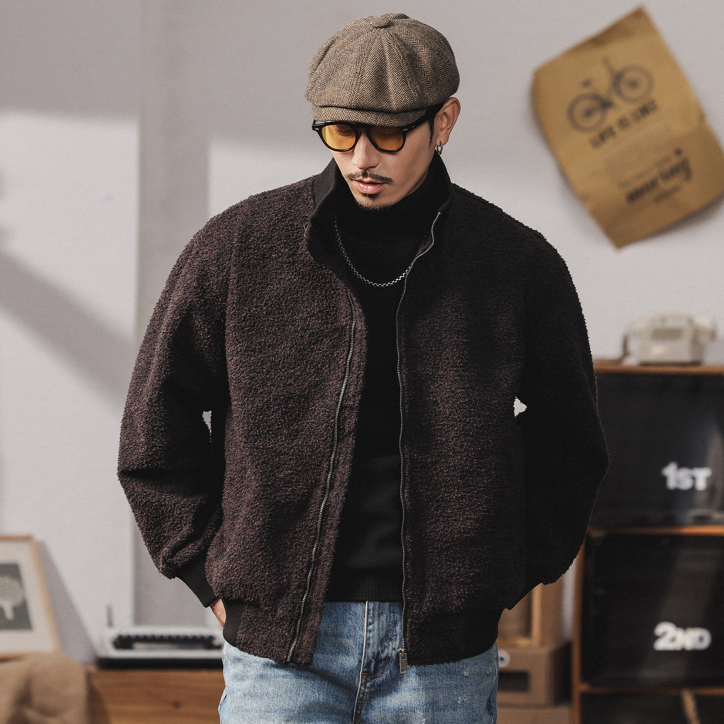 美式复古工装牛仔绒夹克男