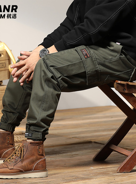 秋冬美式重磅军绿色工装裤男潮牌ins宽松多口袋男士魔术贴束脚裤